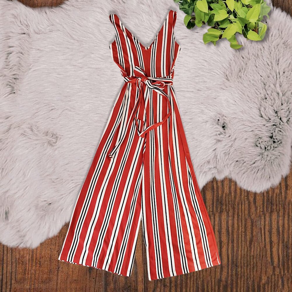 BERSHKA Europe Striped V neck Tie Waist Wide Leg Jumpsuit